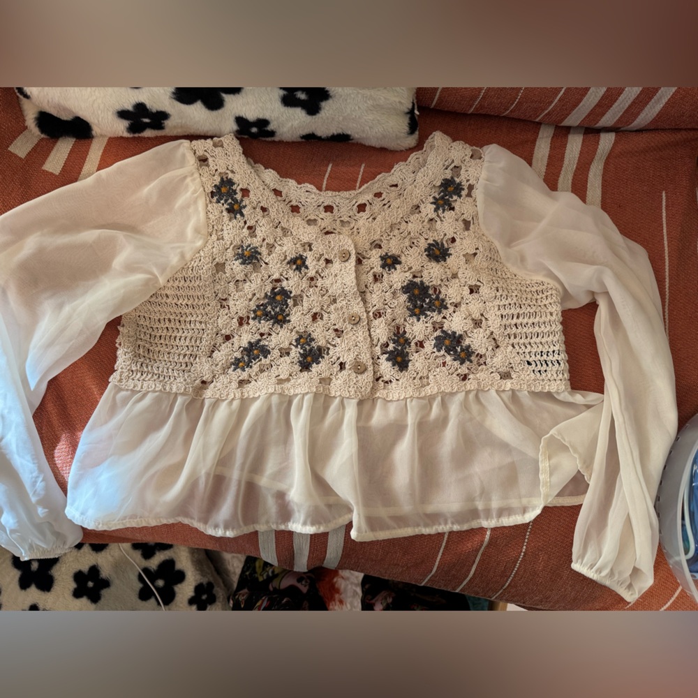 Boho Crochet Floral Lace Top with Sheer Ruffles